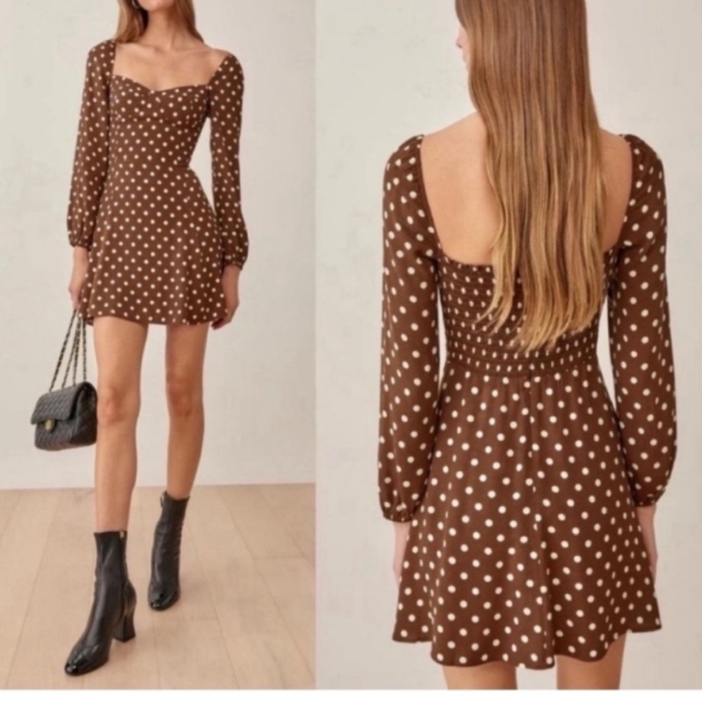Reformation Mochi Dress Au Lait Brown Polla Dot Long Sleeve Mink 0